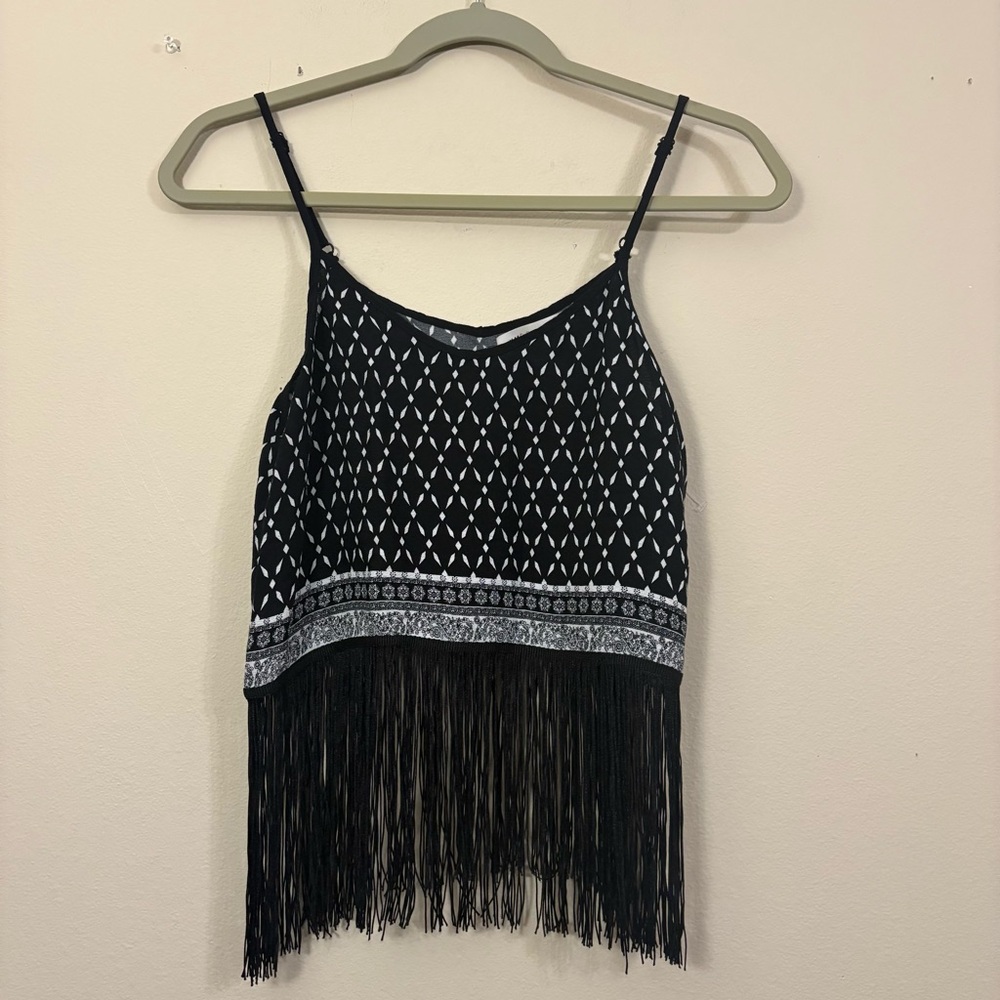 H&M Coachella cropped shirt with fringe womens 6 black white spaghetti strap cl